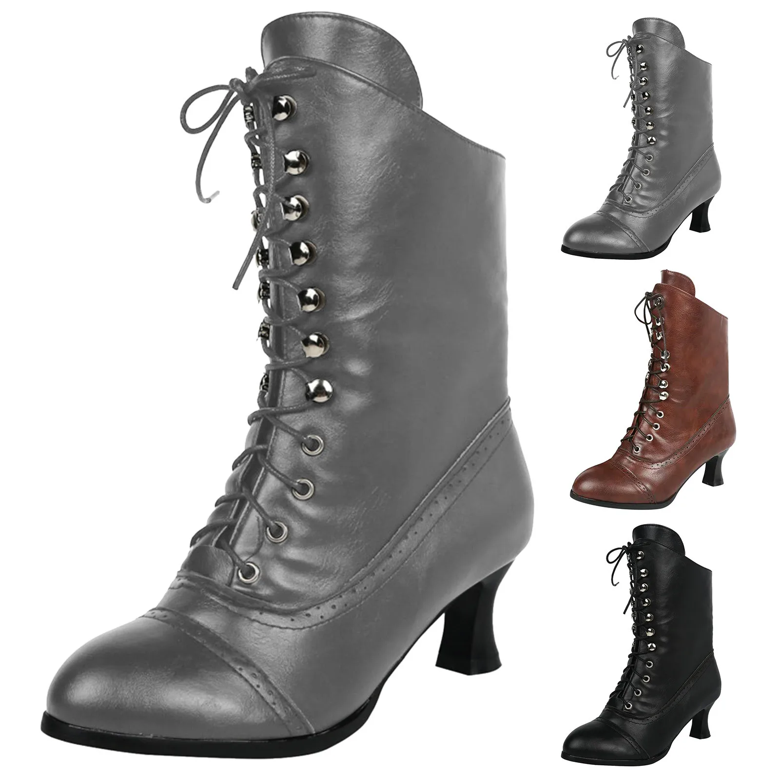 

2024 New Lace Up Ladies High Heel Shoes Strange Steampunk Boot Victorian Ankle Boots Women Pointed Toe Thick Soled Short Boots