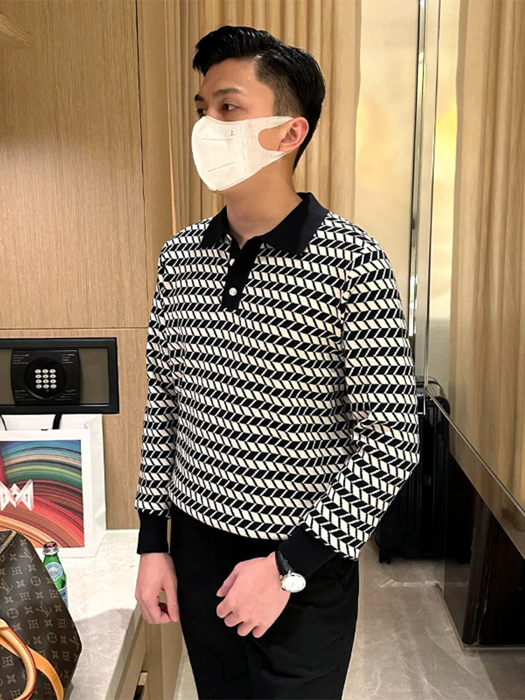 

Retro Diamond Color Blo Slim Fit Men's Long Sve irt Luxury Busin Autumn Winter Knitted irt Turn-down Collar