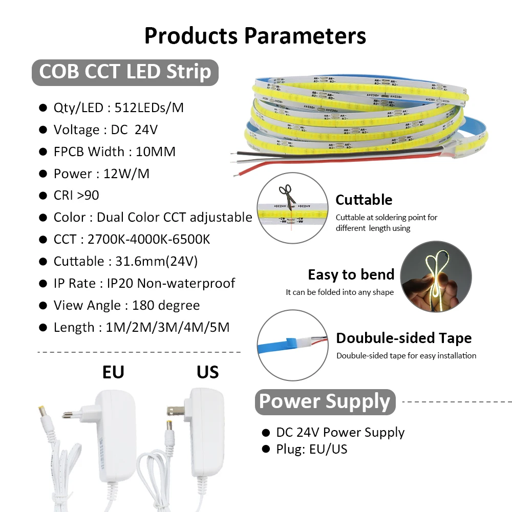 Tuya COB LED Light Strip CCT 24V 512 LEDs FOB 10mm High Density WW CW RF Smart Life Wireless CCT FOB Flexible Tape Ribbon Lamp