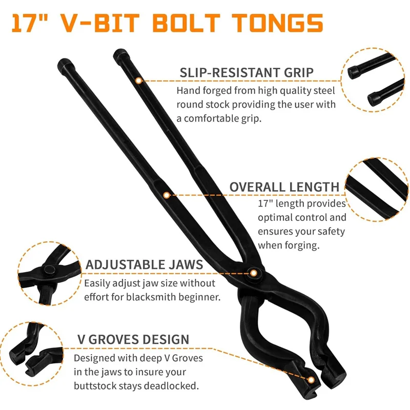 17 Inch V-Bit Bolt Blacksmith Tongs, Wolf Jaw Tongs Assembled Knife Making Blacksmith Bladesmith Anvil Forge Tongs