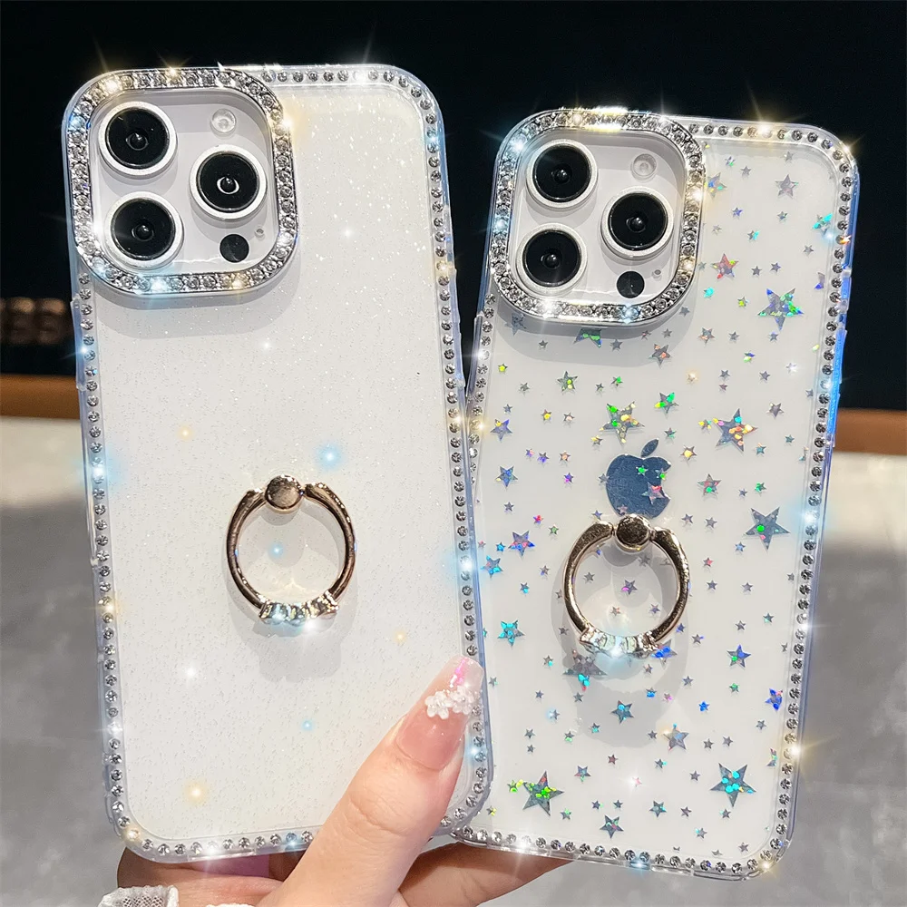 

Чехол с блестящим стразами и кольцом на палец для iPhone 17 Pro Max 16 15 14 13 Bling Stars, прозрачный гелевый чехол Funda 16E 16 Plus