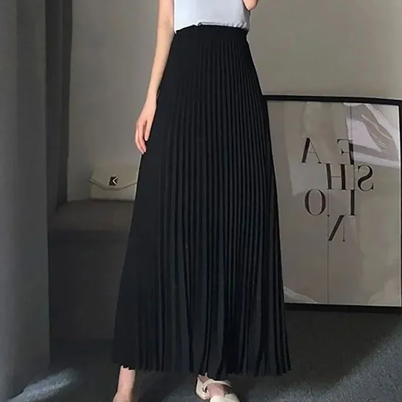 Vintage Pleated Elastic High Waist Long Skirts For Korean Fashion Chiffon Solid Color A-line Skirt Casual All-match Skirts SQ61