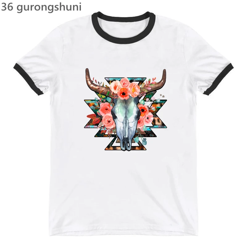 

Boho Cow Skull | Boho Vintage T Shirt Femme Fashion Trend Women T-Shirt Summer Camisas Mujer Tshirt White Short-Sleeved Tops