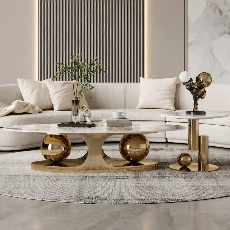 Modern Italian Style Rock Slab Coffee Table Stainless Steel Oval Living Room Home Simple Creative Tea Table