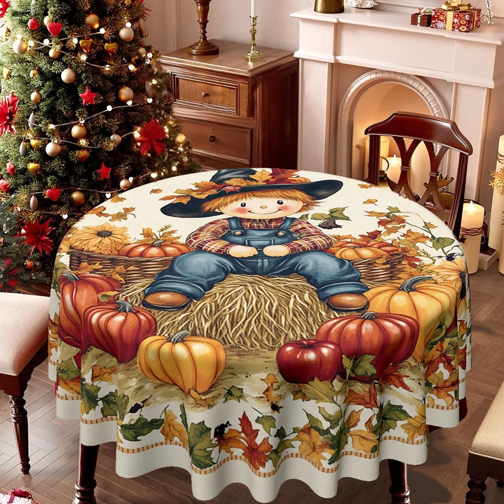 Round tablecloth, featuring Christmas and harvest-themed straw man and pumpkin patterns, suitable for Thanksgivingzyc