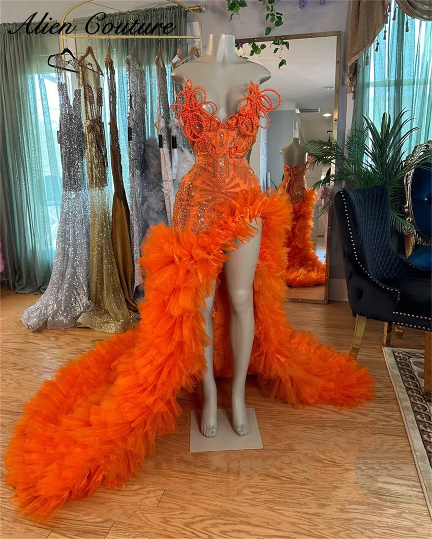 Exquisite Orange Long Prom Dress 2024 Luxury Birthday Dress Crystal Rhinestones Beading Split Ruffle Elegant Party Gown