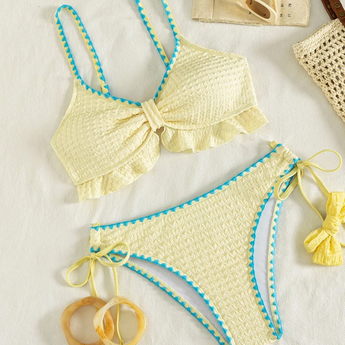 Women 2 Piece Swimwear Crinkle Bikini Front Bow Knot Hollow Out Ruffle Frill Top Side-Tie Bikinis Set Summer Beach Swimsuit