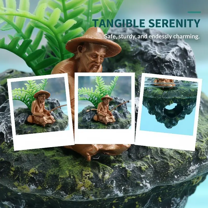 Aquarium-Schwimminsel-Dekoration, Realistische Anglerstatue, Miniatur-Kunstlandschafts-Ornament für Aquaristen – Detail 14