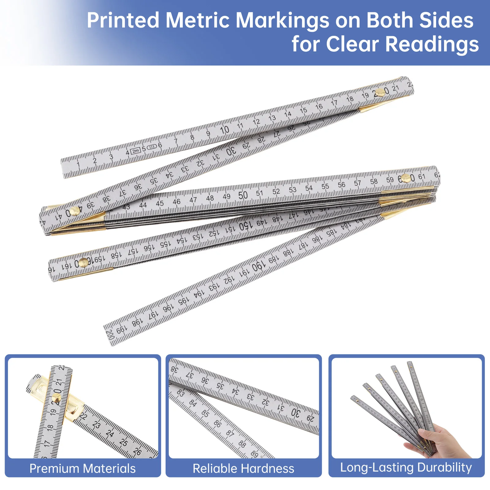 2 pcs 2 m Dual Metric Scale Aluminum Folding Ruler Set for Metalworking, Industrial Drawing, Engineering