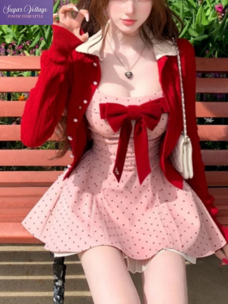 

Корейский модный милый комплект из 2 предметов, женское мини-платье в горошек с тонкой талией + мягкий вязаный кардиган, элегантный повседневный шикарный наряд