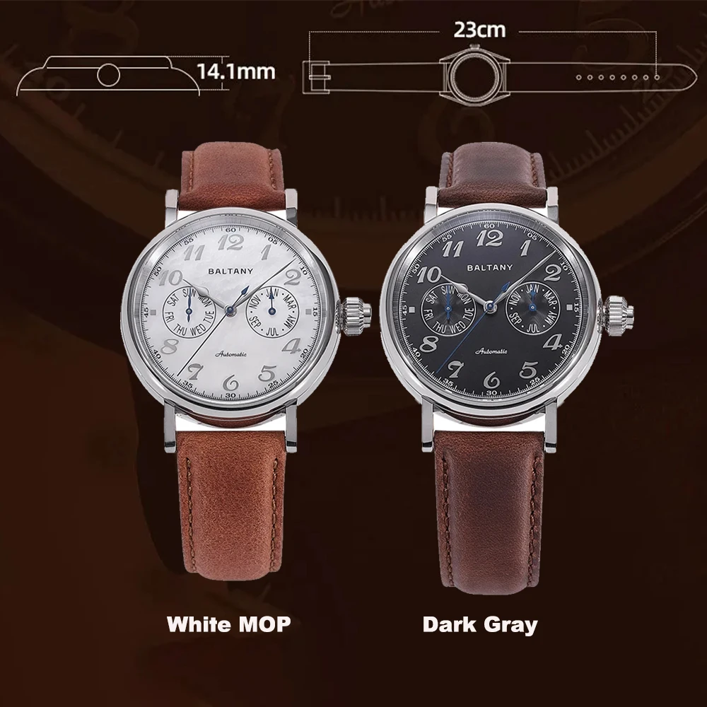 Baltany Mono-pusher Function Watch 9122 Auto S6048 Week Month Hardening Process MOP Dial Leather Retro Dress Wristwatch S6048