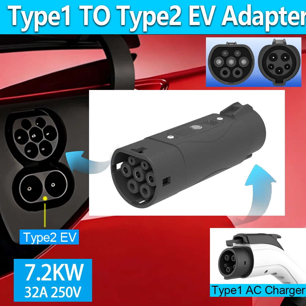 UNIRISE 32A 250V 7.2KW EV Adapter Type1 to Type2 Car Converter SAE J1772 Charger Pile to Type 2 IEC62196-2 AC Charging Connector