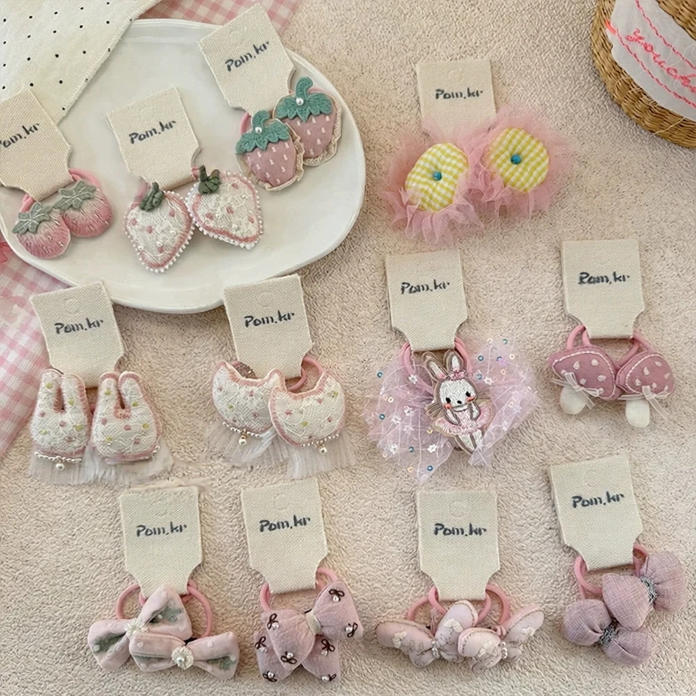 Cartoon Strawberry Elastic Hair Bands for Girls Hair Accessories Ponytail Holder Children Cotton Bows Hair Tie Cute Rubber Bands