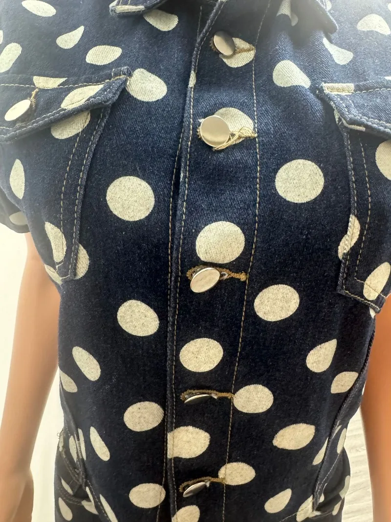 Polka Dots Print Denim 2 Piece Set Women Turn Down Collar Short Sleeve Single Breasted Jackets Top + Shorts Casual Jeans Suits view 6