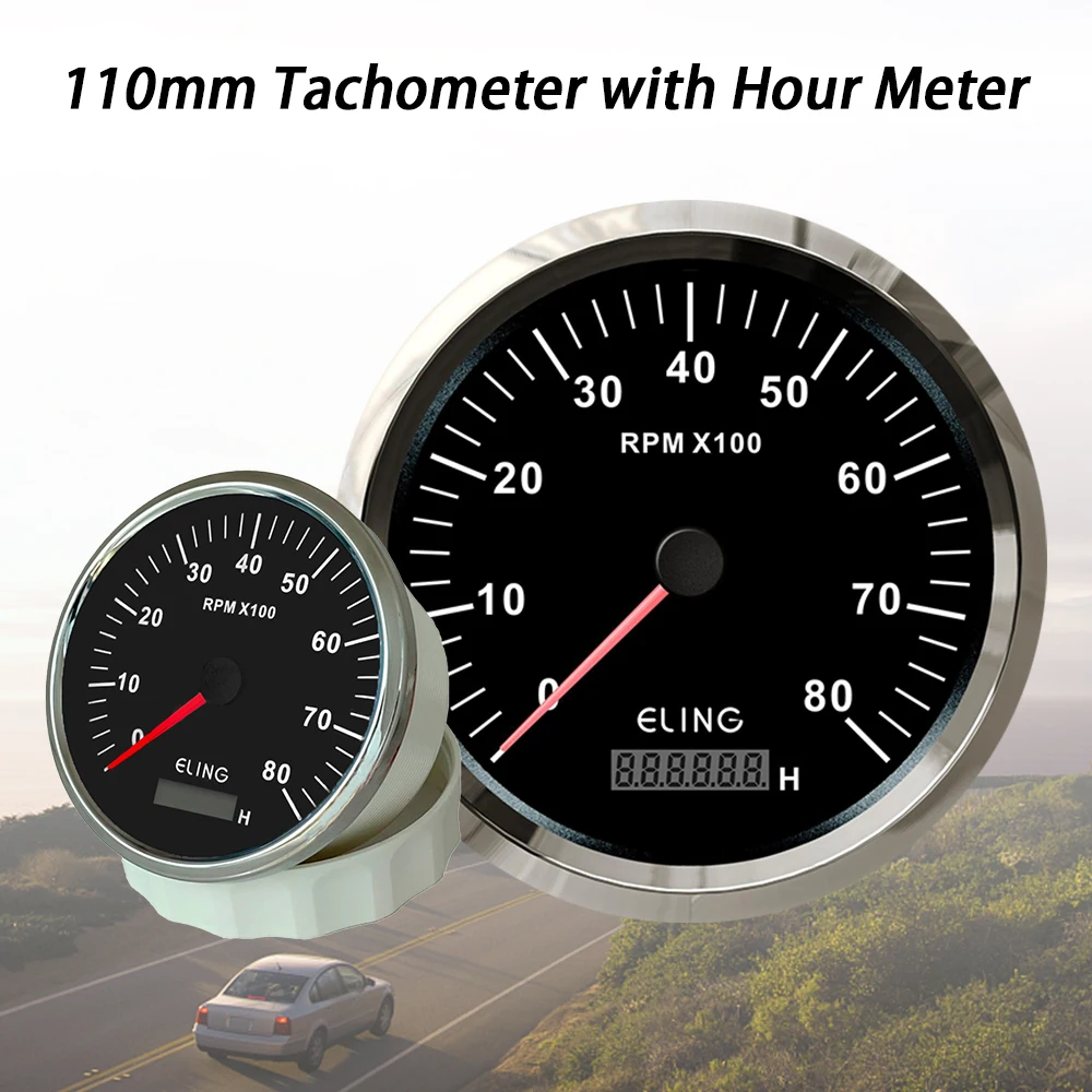 

Rhaxel Universal Tachometer RPM Gauge With Hour Meter 0-8000RPM for Gasoline Engine 110mm 12V/24V With Backlight