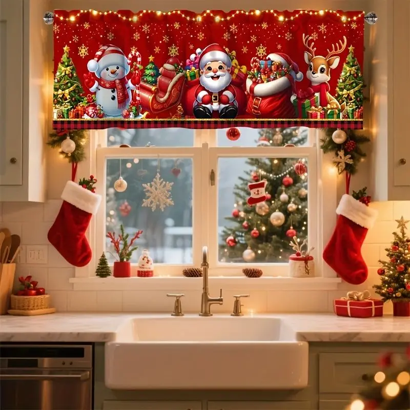 VIKAMA Window Tier Curtain Cartoon Santa Sleigh Reindeer Print Xmas Kitchen Curtain Rod Pocket Washable Soft Home Decor