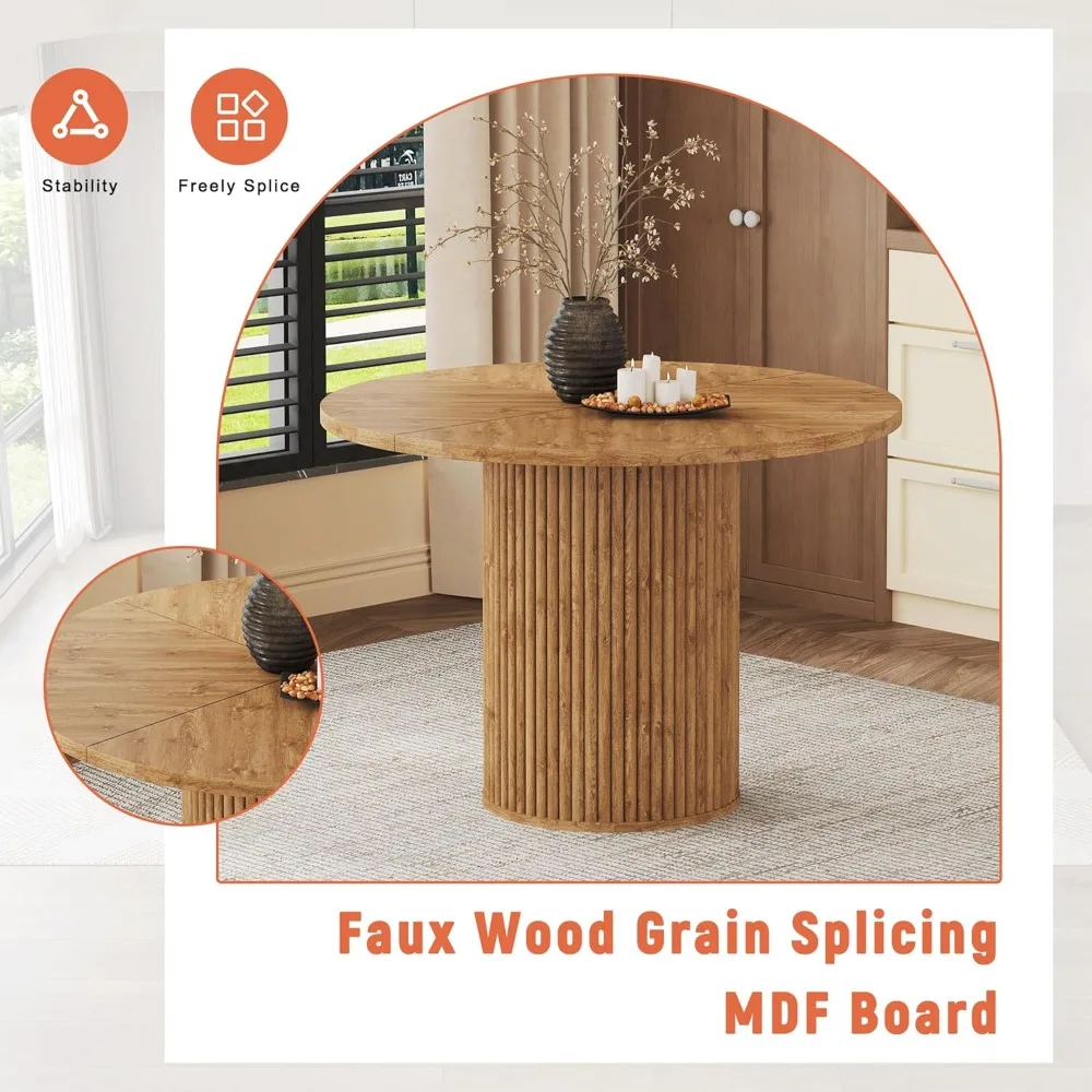 طقم طاولة طعام مستديرة لـ 4، طاولة خشبية مستديرة مكونة من 5 قطع مع طاولة طعام حديثة للمزرعة و4 كراسي من جلد الغزال للمطبخ #2