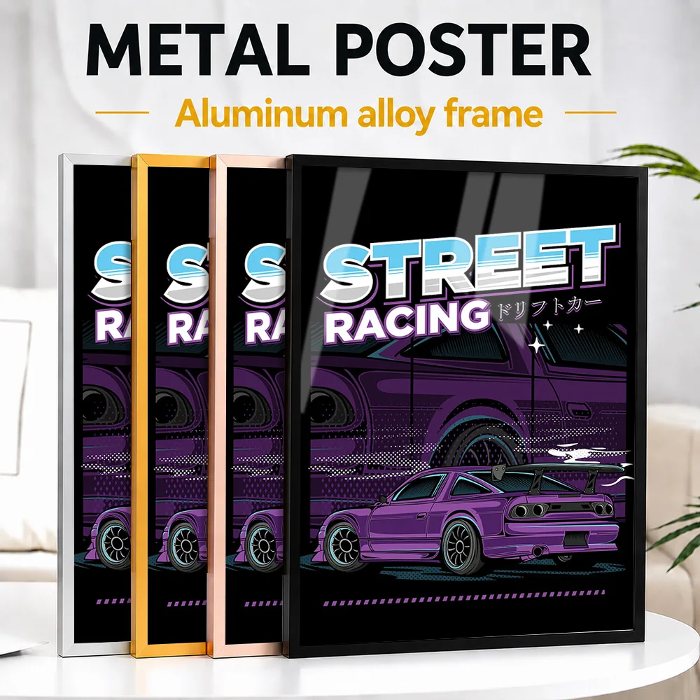 Street Racing Drift Car Framed Metal Poster Personalized Photo Energetic Motion Style Wall Art For Man Cave Memorable Fan Gift