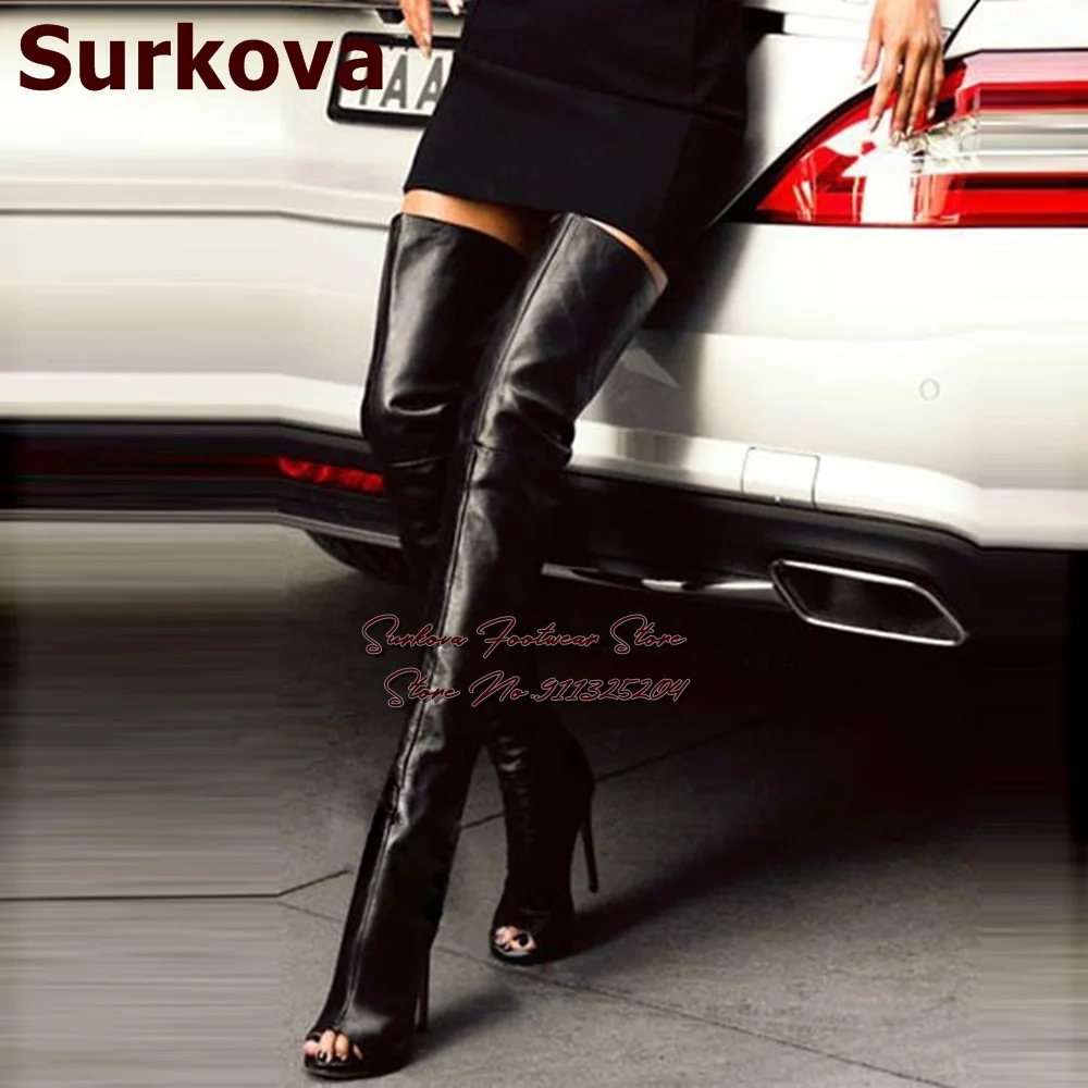 

Surkova Black Matte Leather Over-The-Knee Boots Stiletto Heels Open Toe Thigh High Boots Back Zipper Sexy Dress Shoes Outdoor