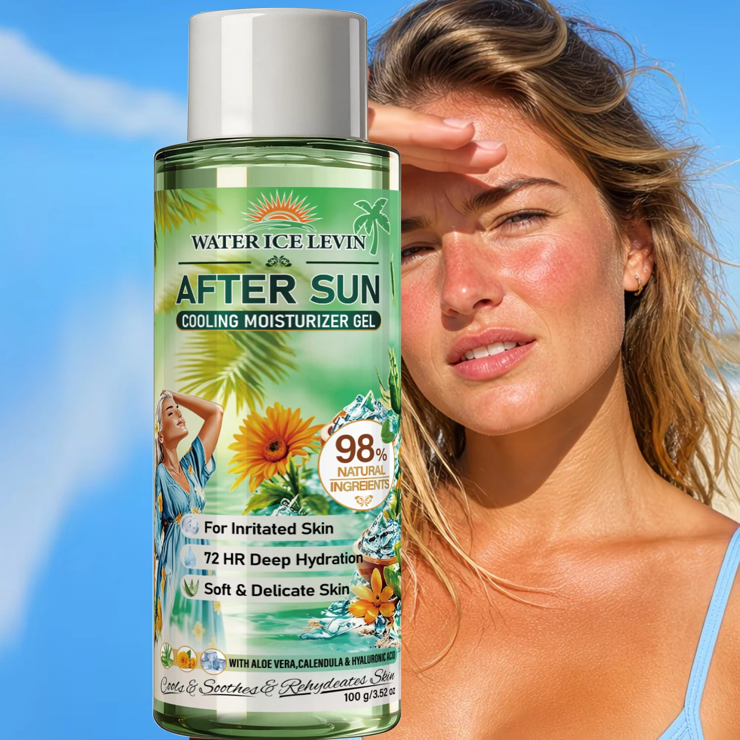 After Sun Cooling Gel with Collagen & Hyaluronic Acid – Soothes & Rehydrates Irritated Skin, Aloe Vera & Calendula – 100g