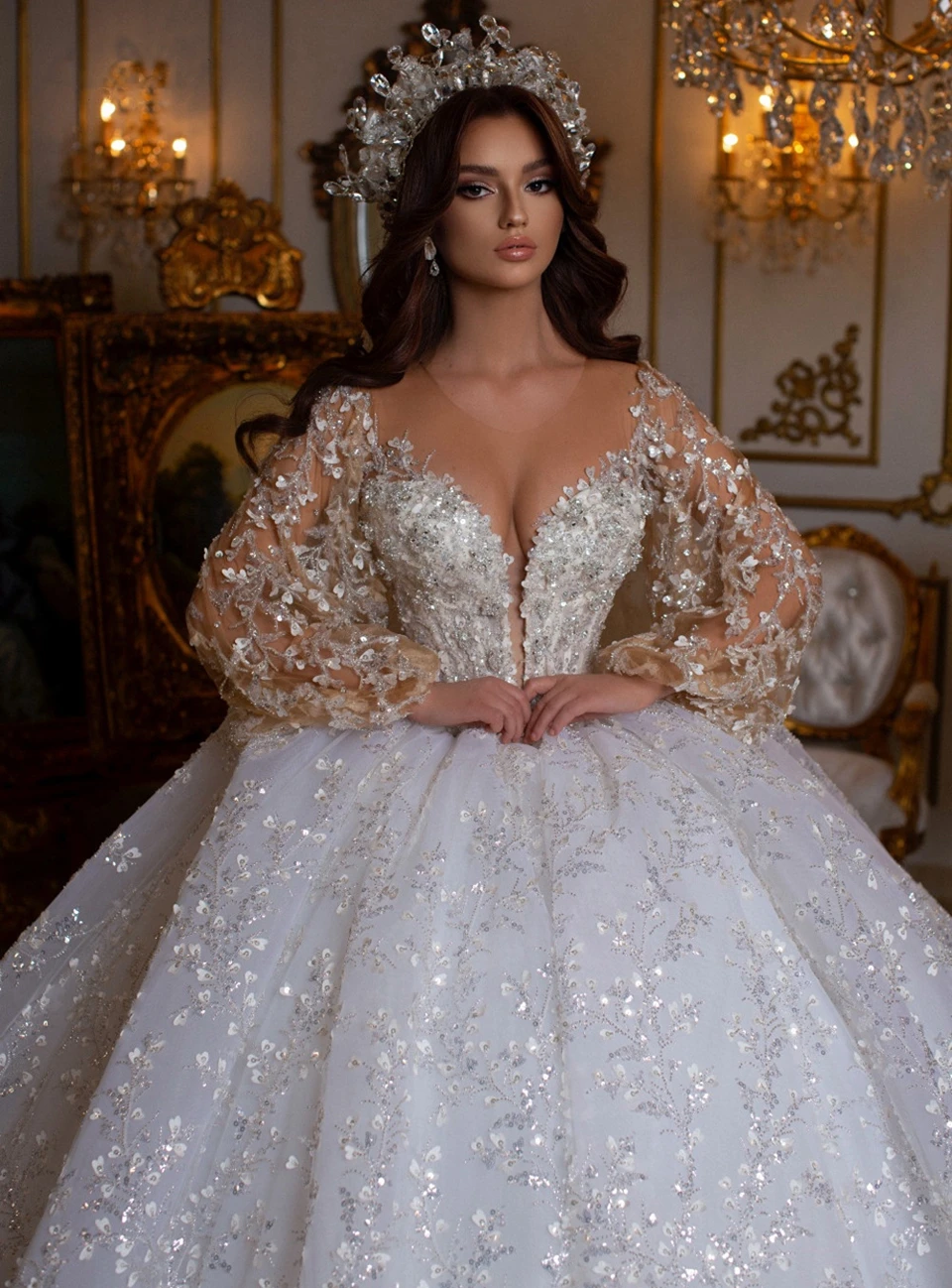 Luxury Ball Gown Illusion Puffy Long Sleeves Wedding Dresses 2023 Glitter Sequined Appliques Women Bride Gowns Vestidos De Noiva