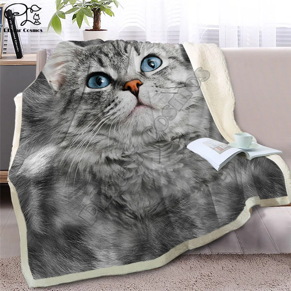 Gray Cat Throw Blanket on Bed 3D Animal Plush Sherpa Blanket Pet Siamese Bedspreads Fur Print Thin Quilt Drop Ship style-3