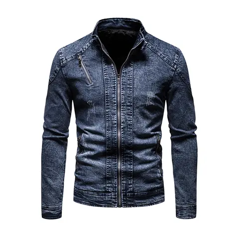 Cowboy jacket men's retro style personalized slim fit stand up collar zipper warm workwear jacket motorcycle riding suit