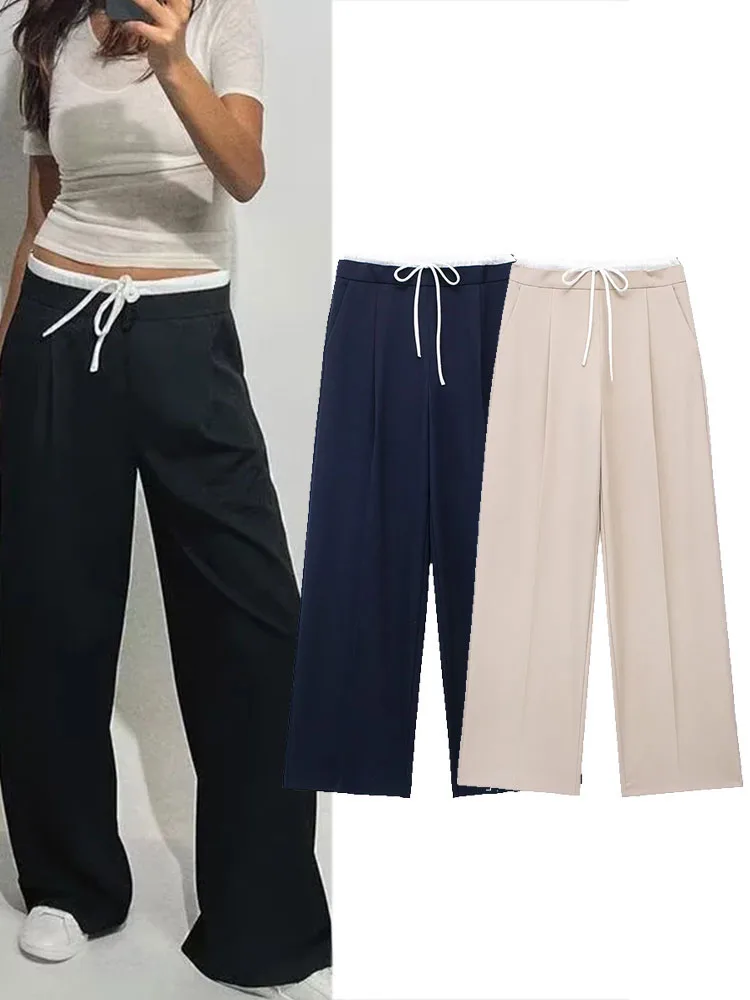 HH Dames Zomer Commuter Broek Retro Dubbele taille Losse Wijde pijpen Broek Chique Veterschoenen Dames Kantoorbroek Street chic