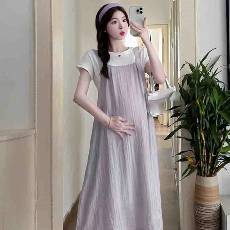 

2025 New Pregnant Women's Summer Dress Fashion Solid Color Dress Trendy Breathable Long Maternity Dress Breathable Dress LI120