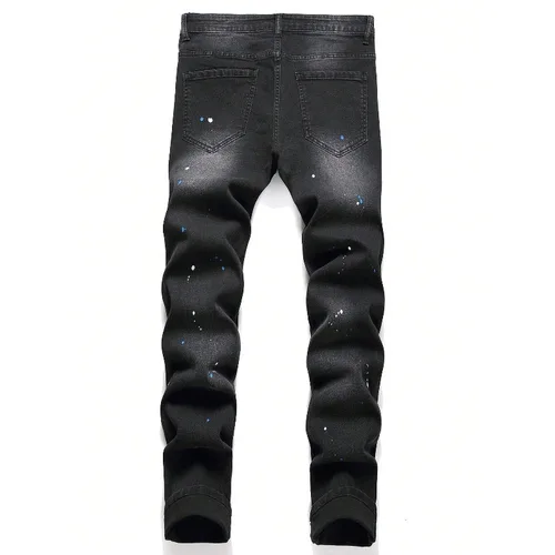 Imagen 2 del producto 2025 otoño nuevos pantalones vaqueros elásticos de moda Patchwork rasgados pantalones ajustados europeos americanos hombre pintura Dot Hip Hop pantalones vaqueros