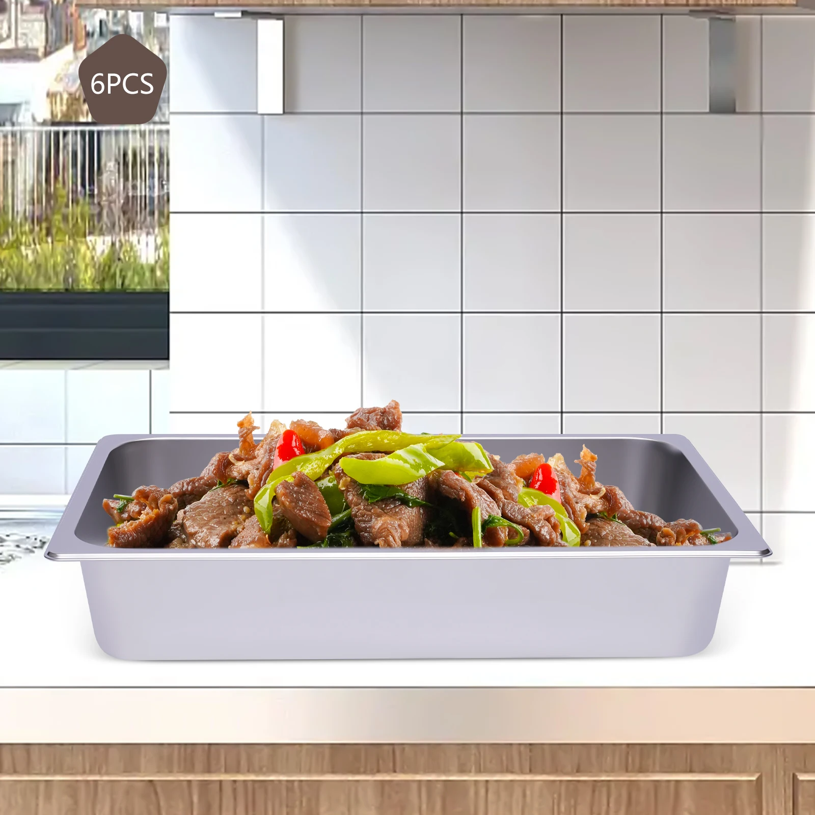 6 Pieces Silver 201 Stainless Steel 53×33×10cm Dinner Plate Commercial Insulated Dinner Plate Preparation Tray