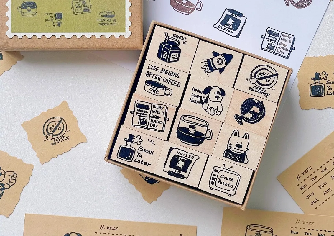 

12 шт./компл. милые собаки и кошки деревянный резиновый штамп DIY Скрапбукинг фотоальбом изготовление карточек деревянная печать