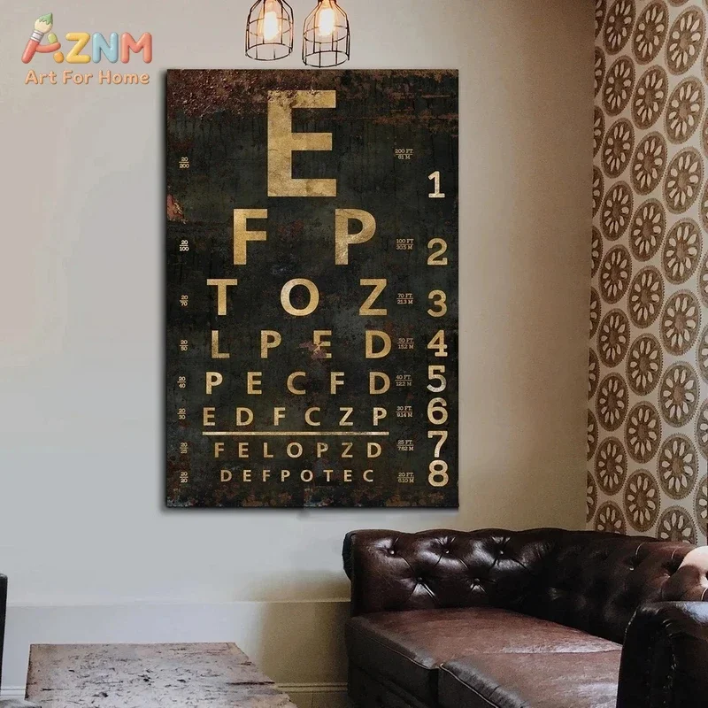 AZNM Distressed Vintage Snellen Eye Chart Canvas Wall Art Black Gold Rustic Vision Test Letter Print Unframed Canvas Optician Of