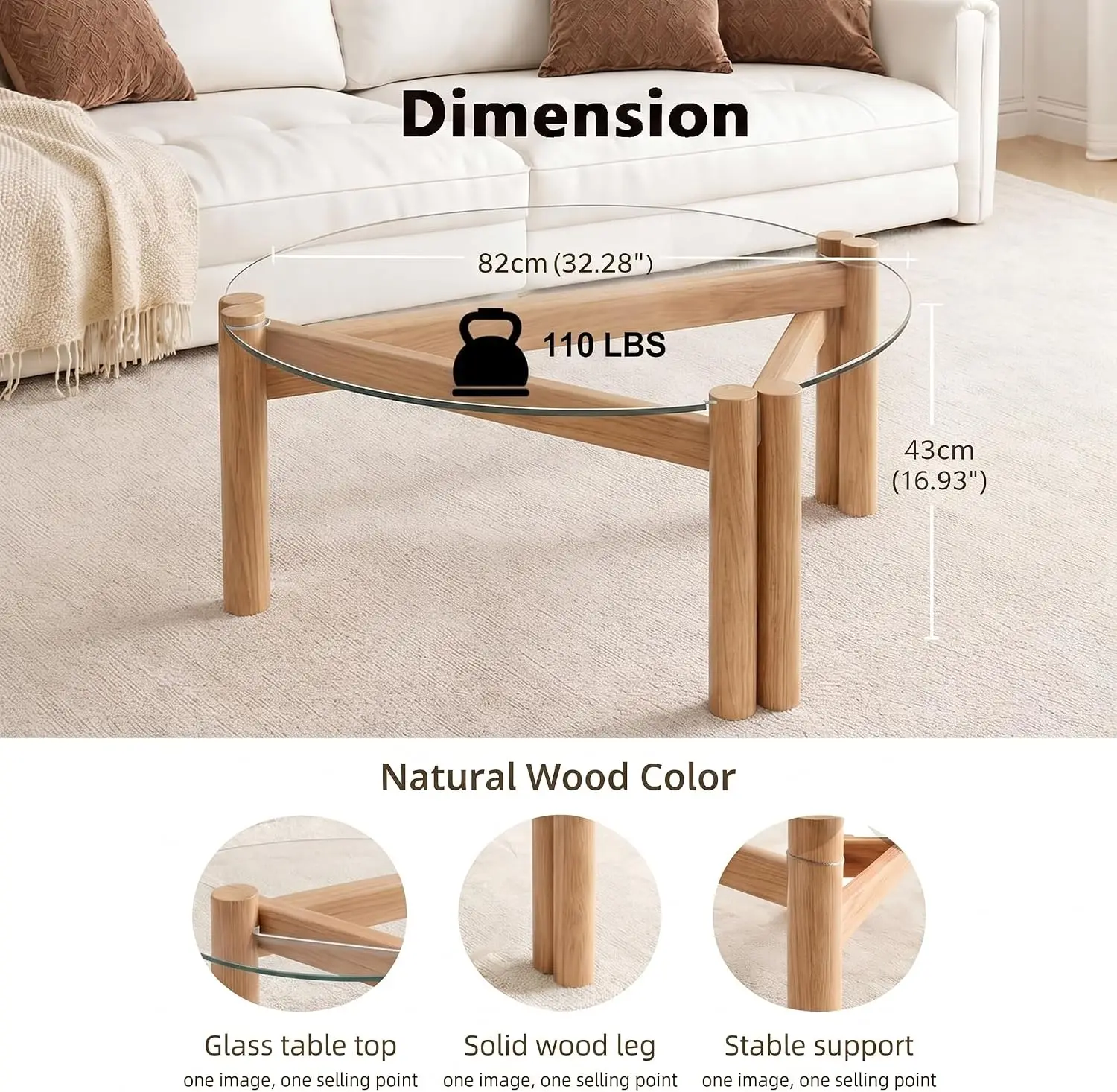 Round Glass Coffee Table, 32” Mid Century Modern Small Coffee Table with Solid Wood Legs, Suitable for Bedroom Living Room Recep