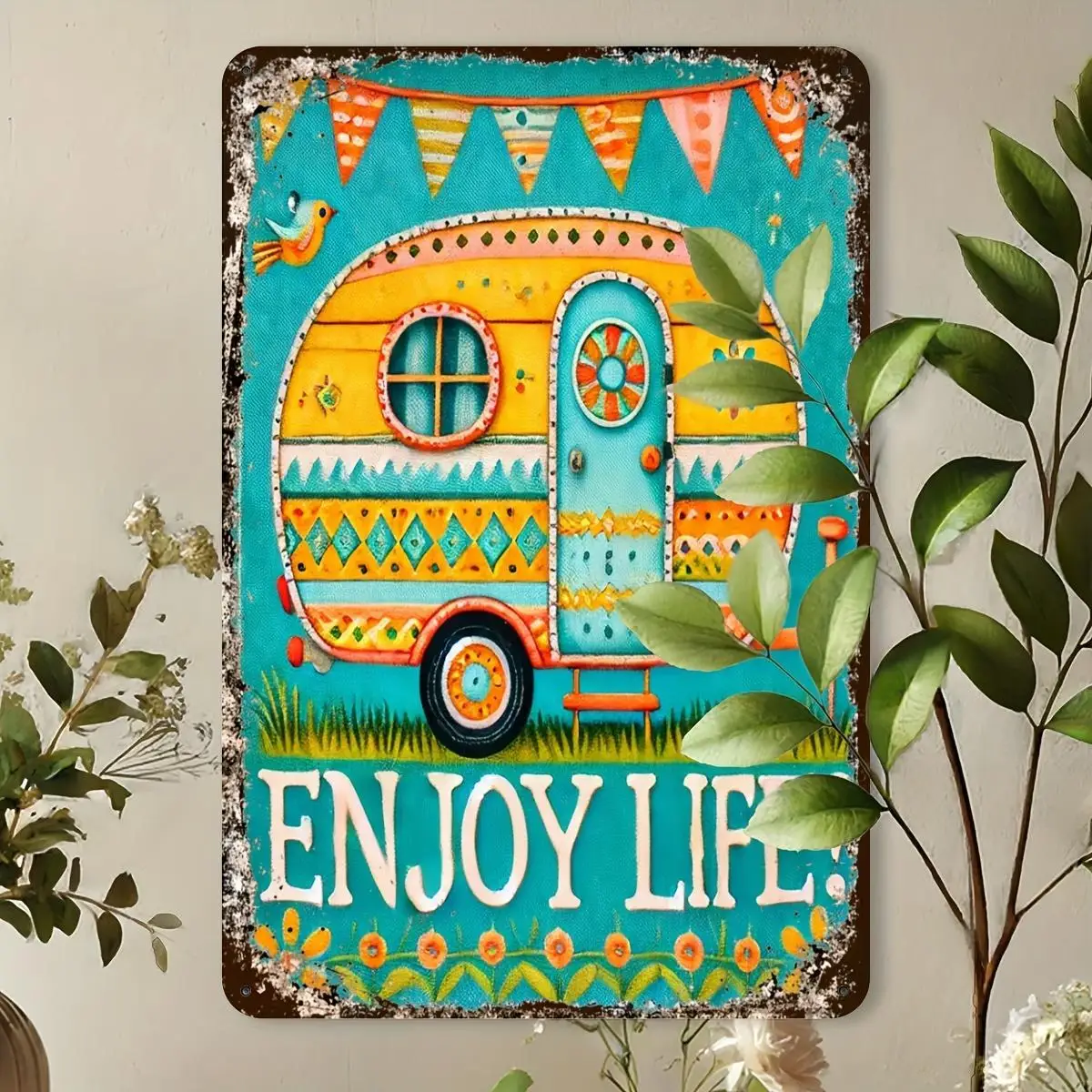 Happy Camper Enjoy Life Sign | Vintage Travel Trailer Campsite Decor Metal Plaque, Tin Foil, Art Deco Style, Wall Hanging
