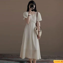 Chic Korea Temperament Women Date Girls Japan Style Puff Sleeve Cotton Blends Vintage Pink Lace-Up Long Dress Feminine Vestidos