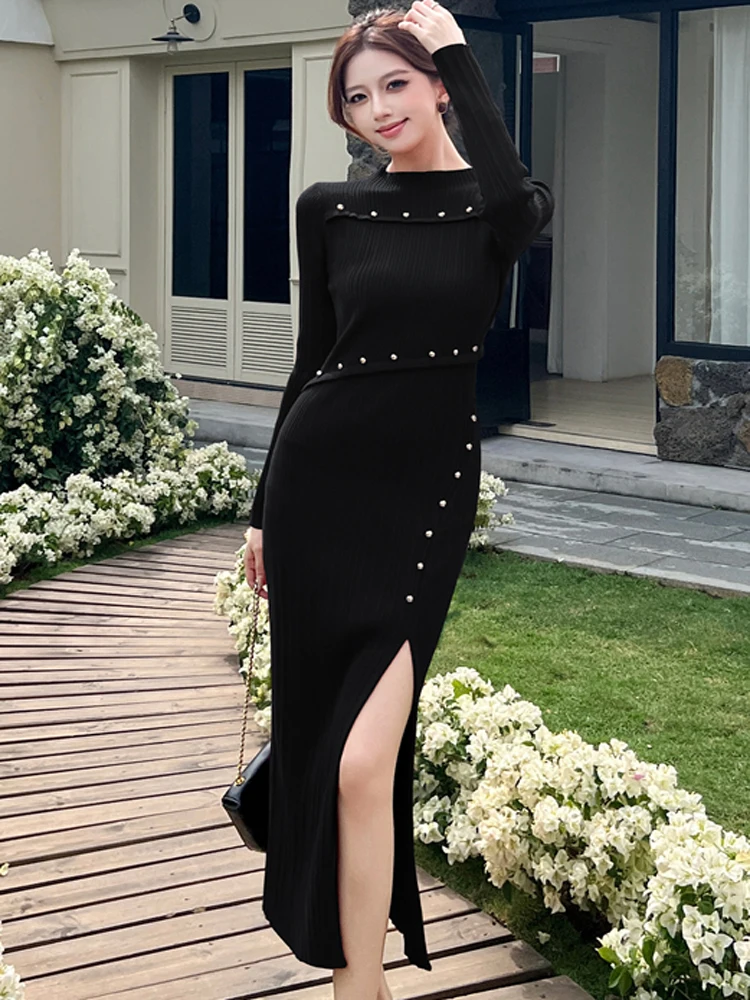 Nova chegada feminina primavera rio vestido de festa de malha elegante senhora do escritório split bodycon camisola vestido vestidos