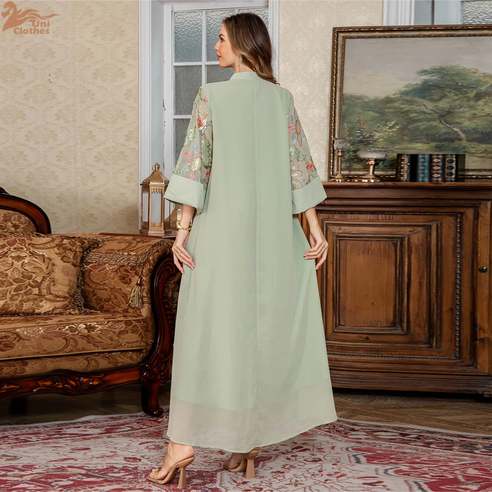 2025 ใหม่มุสลิมแฟชั่นดอกไม้เย็บปักถักร้อย Casual Abaya พับแขน Notched V คอชุดโมร็อกโกดูไบผู้หญิง Robe