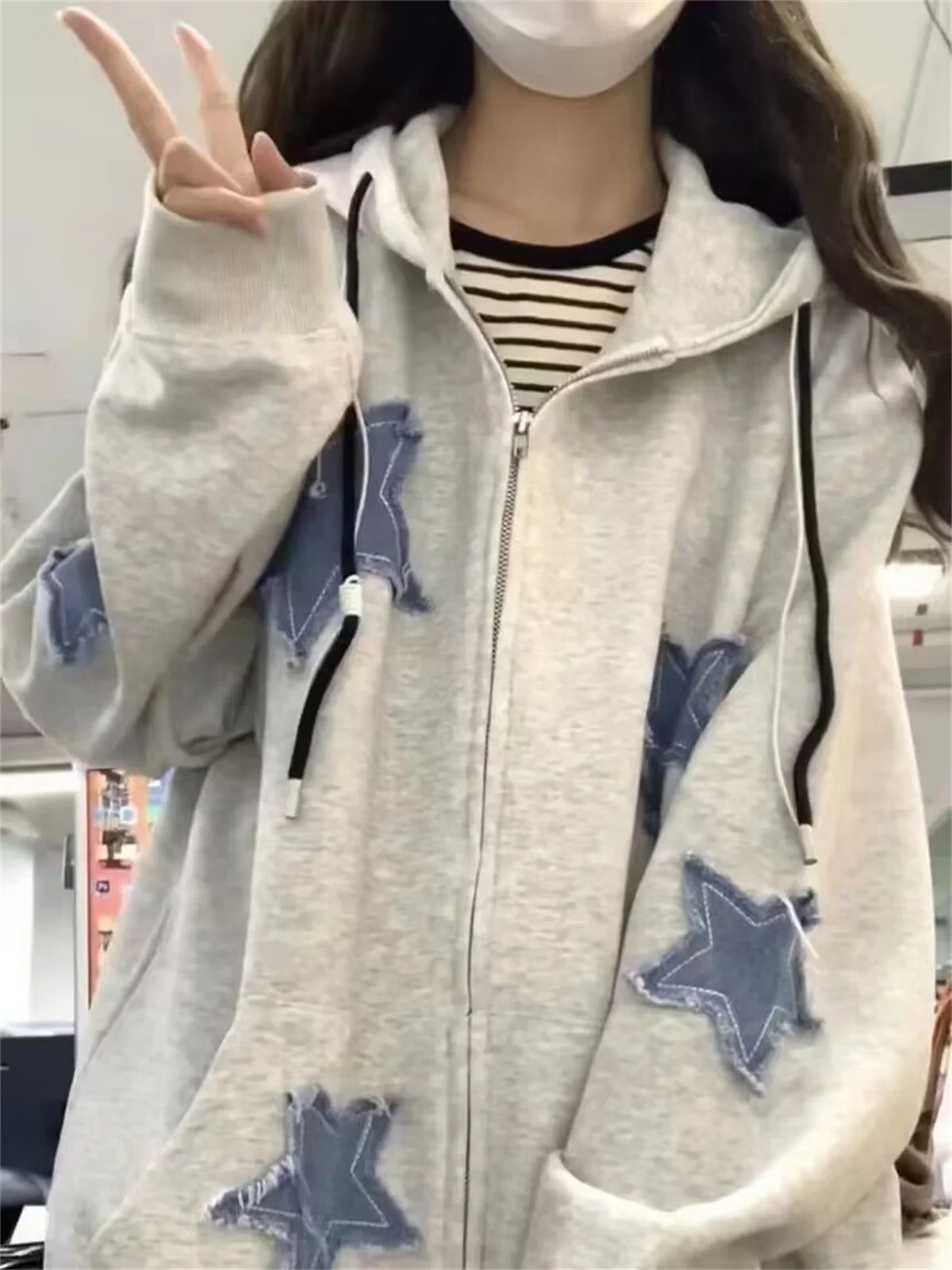 2025 New Zipper Retro Star Embroidered Hoodie Spring And Autumn Thin Collection Fashion Trends Versatile Casual Lazy Wind ﻿