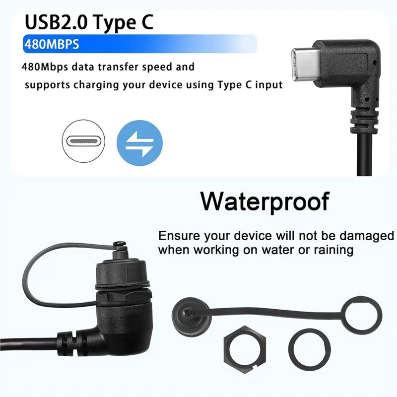 LXYB18B USB Type C 2.0 Male To Female 90 Degree Angle Flush Panel Mount Cable Waterproof Extension 11.8 Inch