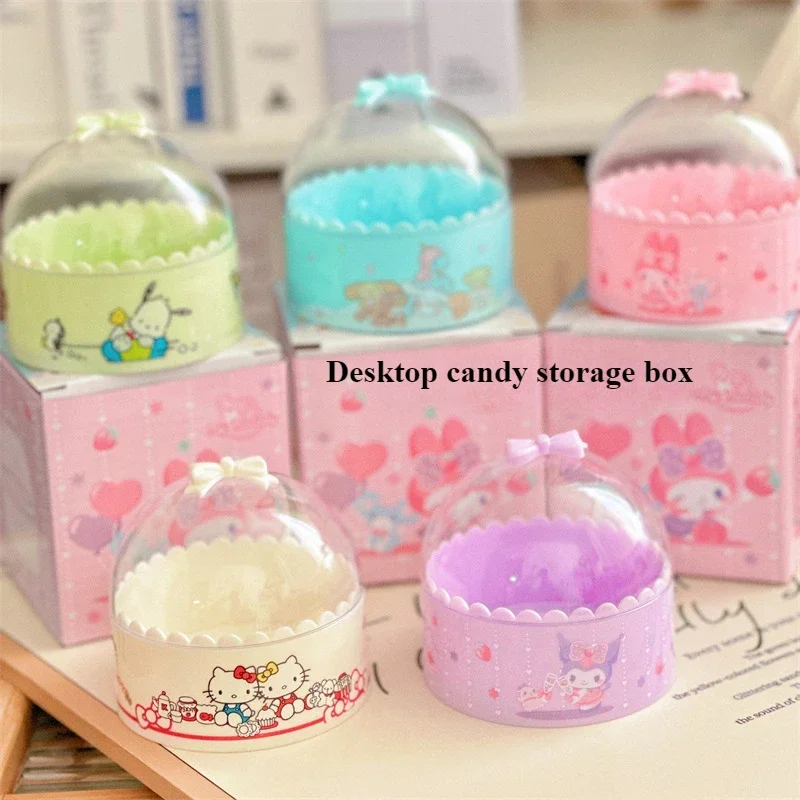 Sanrio Round Small Storage Box Organizer Bow Transparent Wedding Candy Box Pochacco HelloKitty Cinnamoroll Desktop Ornaments Box