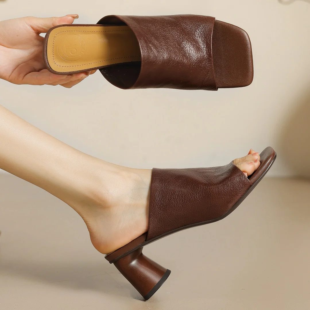 Damskie letnie klapki wsuwane z miękkiej owczej skóry 6cm okrągły obcas eleganckie damskie plus rozmiar 34-41 codzienna wąska sukienka czółenka sandały buty
