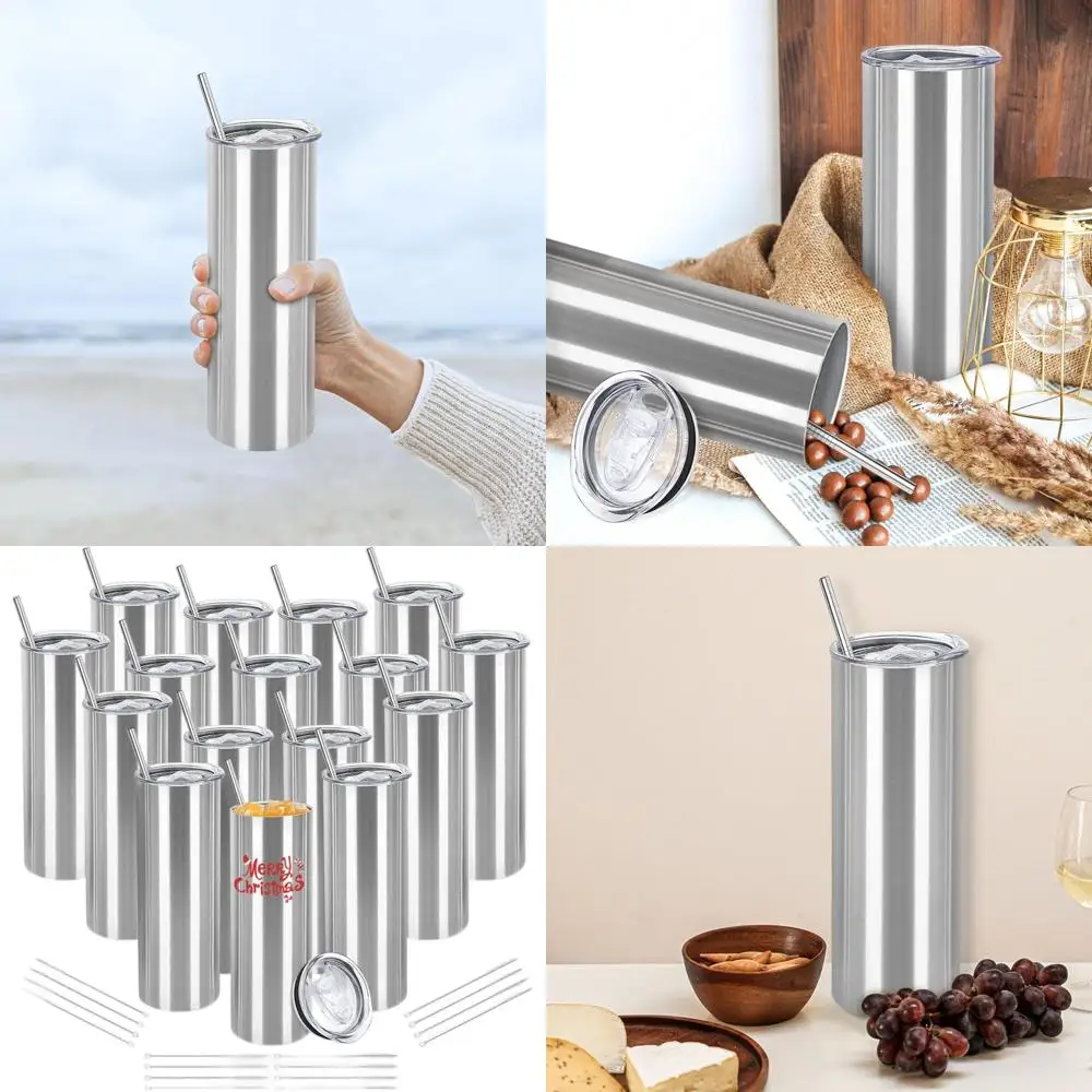 

20 унций серебряные узкие стаканы с двойной стенкой и крышкой и соломинкой, оптовая упаковка для подарков своими руками