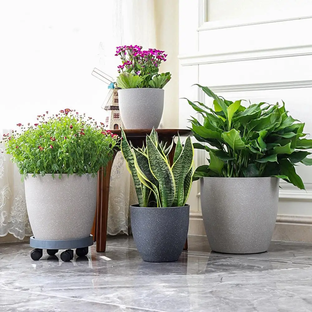 Lightweight Plastic Planters for Porch Modern Stone-look Plant Pot with Saucer Gray Flower Planter with Drainage Holes Indoor