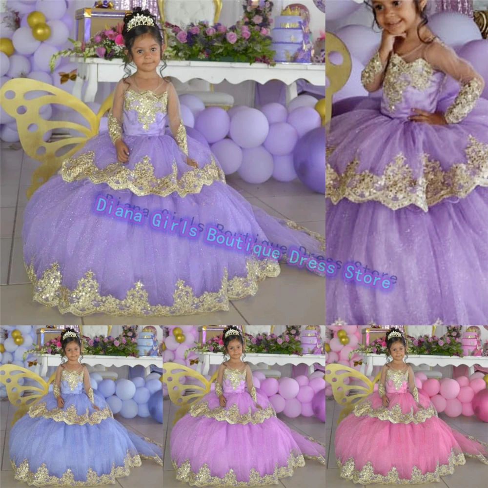 Quality Gorgeous Flower Girl Dress Tulle Fluffy Wedding Dresses Gold Printing little Girls Birthday Party Evening Ball Gowns