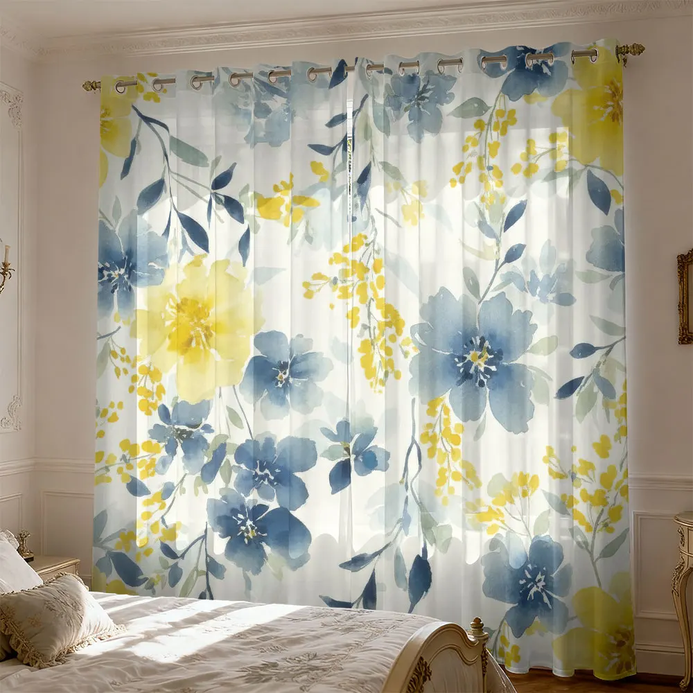 2pc yellow blue watercolor floral curtains living room and bedroom suitable for blocking light and decorating home interiors