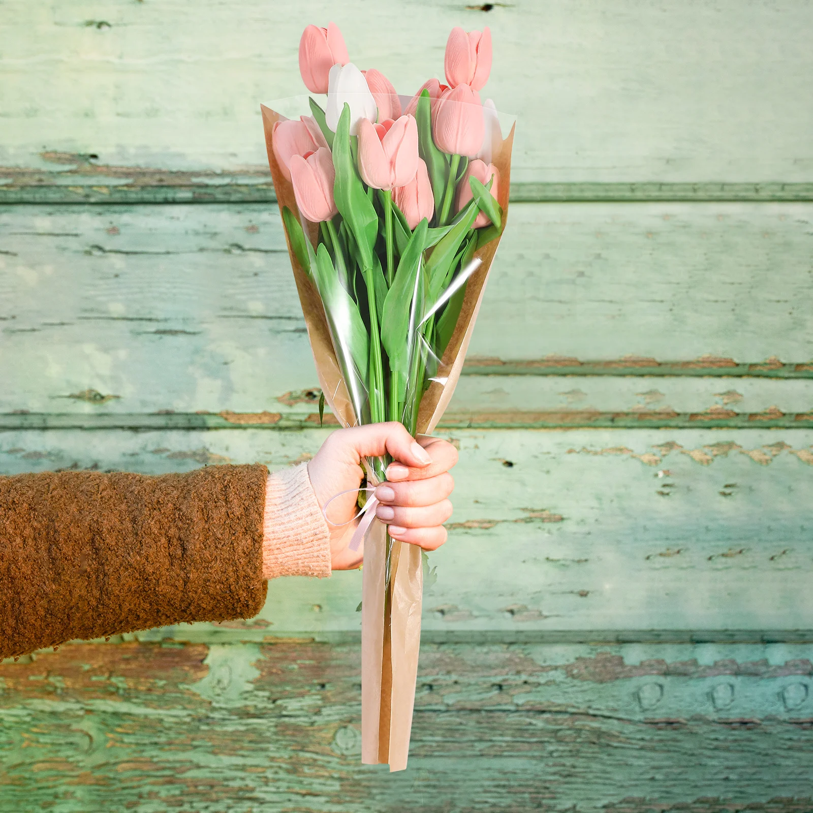 

50 Pcs Medium Kraft Paper Flower Packaging Bags Vintage Eco Friendly Multi Stem Bags For Rose Bouquet Gifts Lightweight Handle