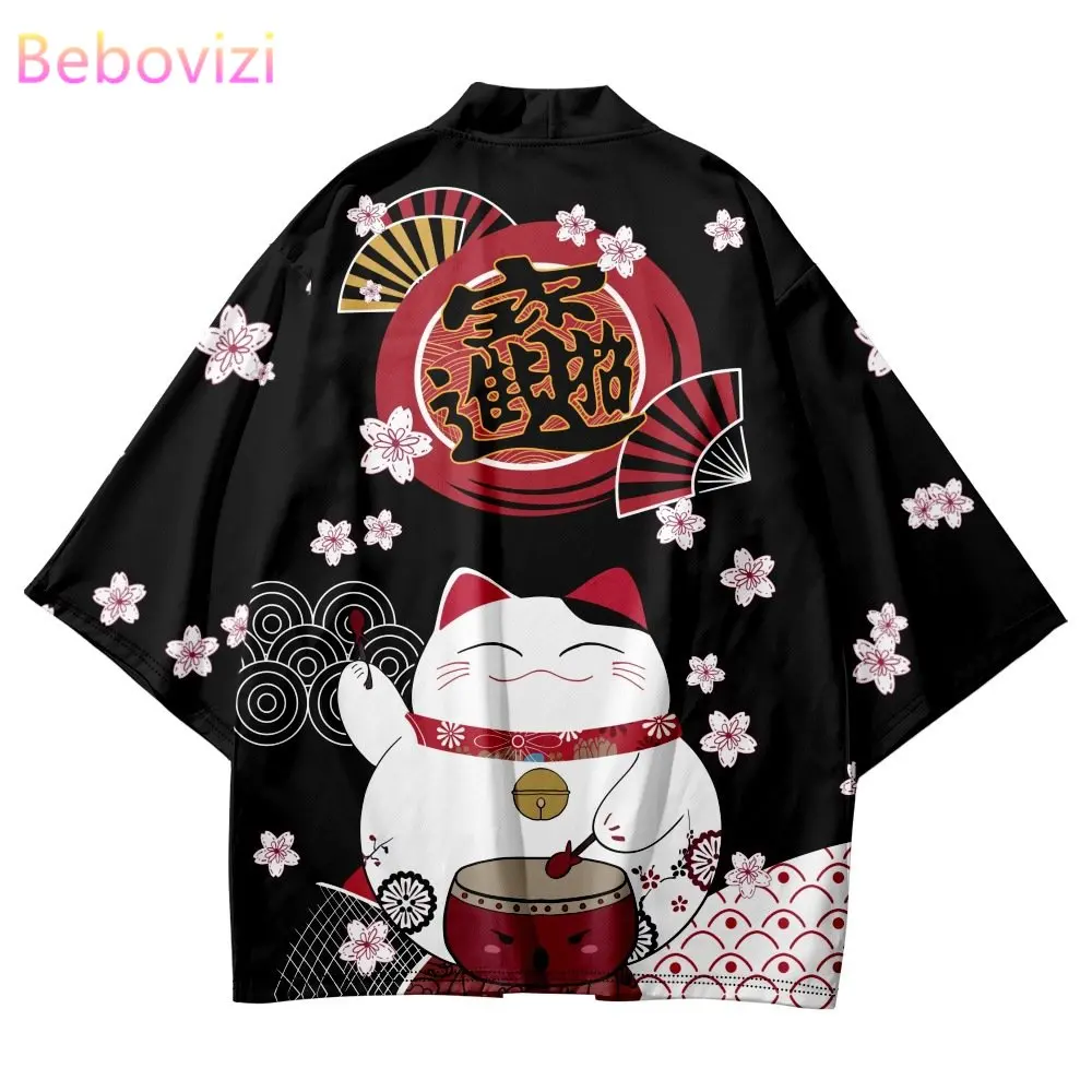 Fashion Beach Yukata Japanese Cartoon Lucky Cat Cardigan Kimono 2023 Women Men Harajuku Sakura Fan Print Haori Cosplay Shirts