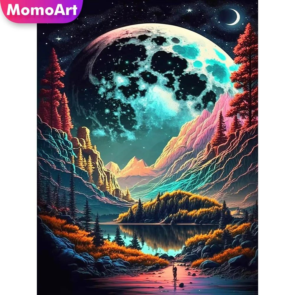Momoart DIY Diamantmalerei Berglandschaft Neuerscheinung Diamant-Mosaik Fluss Kreuzstich Mond Stickerei Wanddekoration