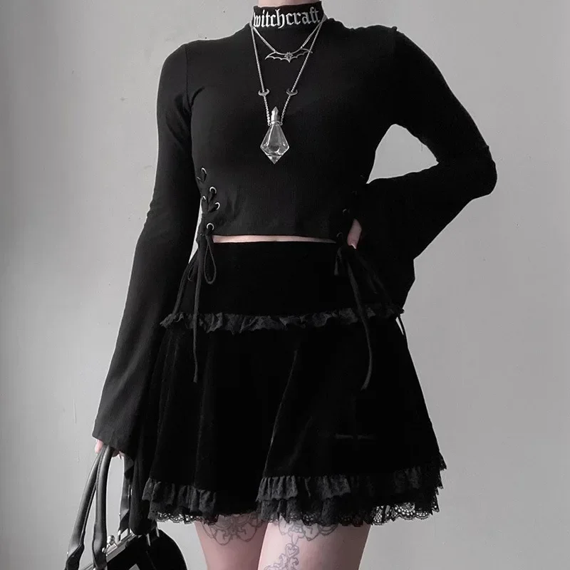 Dark Cross Embroidered Lace Suede Skirt Goth Dark Mall Gothic Women Vintage Harajuku High Waist Lace Ruffles Skirt Y2k Skirt